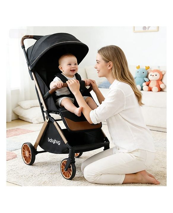 Babyhug Auto-fold Baby Stroller with Concealed Linked Brake - Black| One-Hand Compact Fold|  5-Point Harness| Shock Absorbing Wheels| Travel-Friendly| 0-3 Years Boys & Girls| Reclining Seat| PU Handle