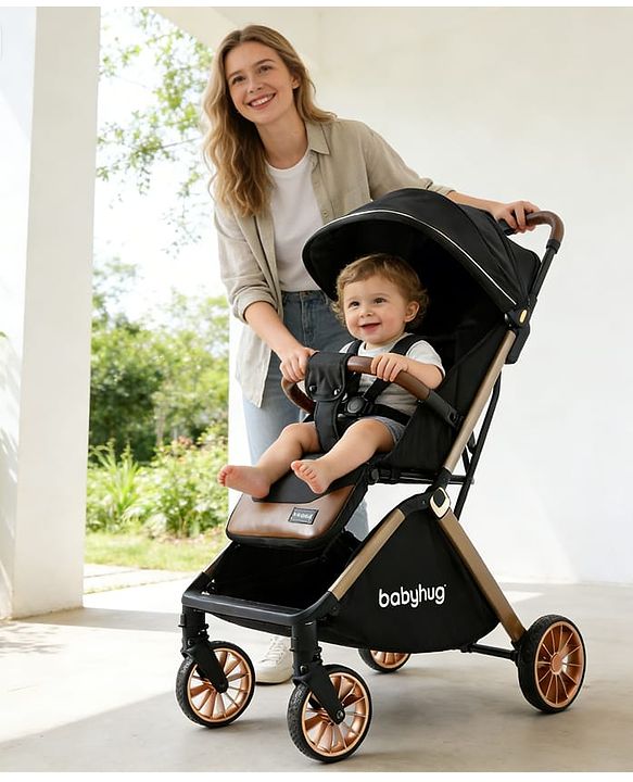 Babyhug Auto-fold Baby Stroller with Concealed Linked Brake - Black| One-Hand Compact Fold|  5-Point Harness| Shock Absorbing Wheels| Travel-Friendly| 0-3 Years Boys & Girls| Reclining Seat| PU Handle