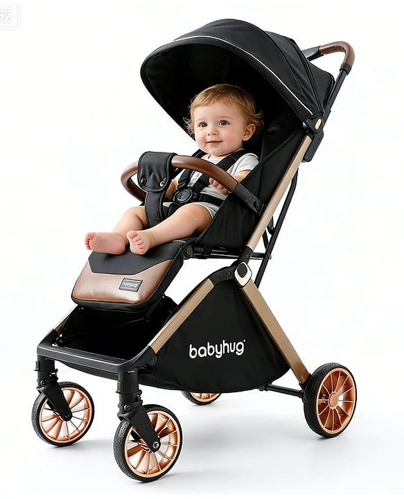 Babyhug Auto-fold Baby Stroller with Concealed Linked Brake - Black| One-Hand Compact Fold|  5-Point Harness| Shock Absorbing Wheels| Travel-Friendly| 0-3 Years Boys & Girls| Reclining Seat| PU Handle