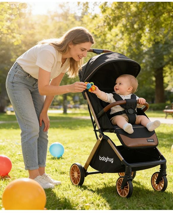 Babyhug Auto-fold Baby Stroller with Concealed Linked Brake - Black| One-Hand Compact Fold|  5-Point Harness| Shock Absorbing Wheels| Travel-Friendly| 0-3 Years Boys & Girls| Reclining Seat| PU Handle