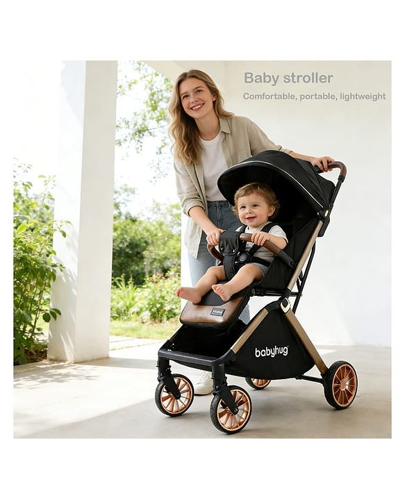 Babyhug Auto-fold Baby Stroller with Concealed Linked Brake - Black| One-Hand Compact Fold|  5-Point Harness| Shock Absorbing Wheels| Travel-Friendly| 0-3 Years Boys & Girls| Reclining Seat| PU Handle