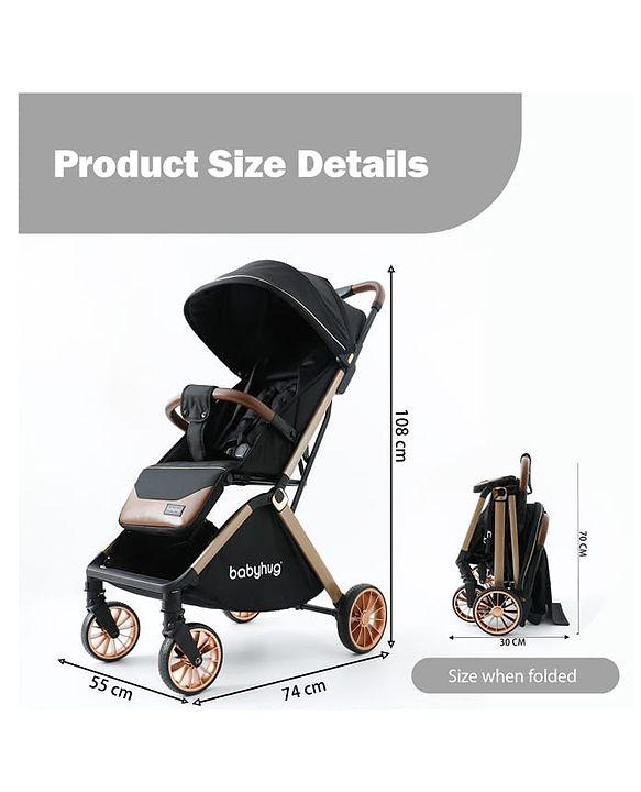 Babyhug Auto-fold Baby Stroller with Concealed Linked Brake - Black| One-Hand Compact Fold|  5-Point Harness| Shock Absorbing Wheels| Travel-Friendly| 0-3 Years Boys & Girls| Reclining Seat| PU Handle
