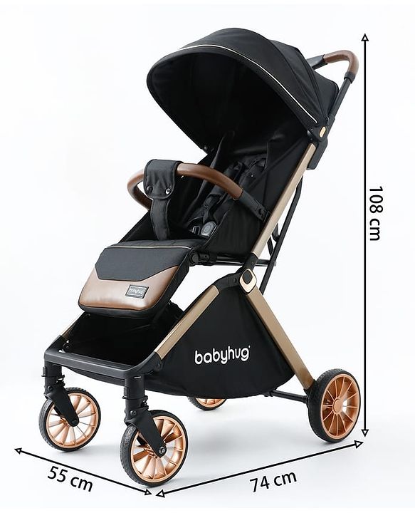 Babyhug Auto-fold Baby Stroller with Concealed Linked Brake - Black| One-Hand Compact Fold|  5-Point Harness| Shock Absorbing Wheels| Travel-Friendly| 0-3 Years Boys & Girls| Reclining Seat| PU Handle