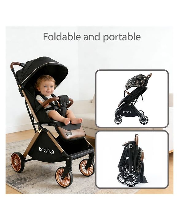 Babyhug Auto-fold Baby Stroller with Concealed Linked Brake - Black| One-Hand Compact Fold| Aluminium frame pram with One Click fold| Shock Absorbing Wheels| Travel-Friendly| 0-3 Years Boys & Girls| Reclining Seat| PU Handle