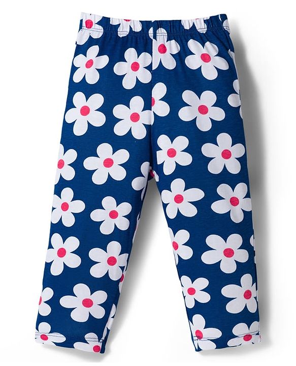 Babyhug Cotton Knit Full Sleeves Co-ords Night Suit With Floral Print - Navy Blue