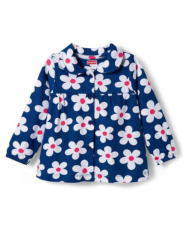 Babyhug Cotton Knit Full Sleeves Co-ords Night Suit With Floral Print - Navy Blue