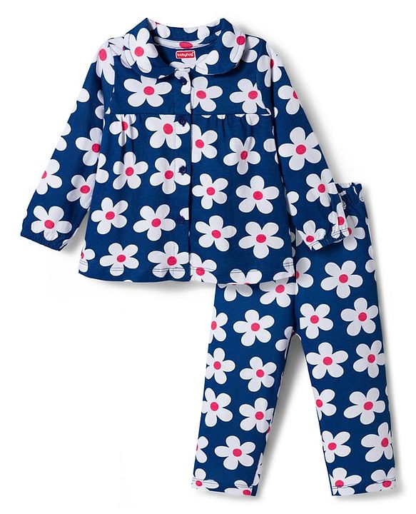 Babyhug Cotton Knit Full Sleeves Co-ords Night Suit With Floral Print - Navy Blue