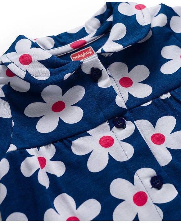 Babyhug Cotton Knit Full Sleeves Co-ords Night Suit With Floral Print - Navy Blue