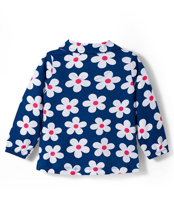 Babyhug Cotton Knit Full Sleeves Co-ords Night Suit With Floral Print - Navy Blue
