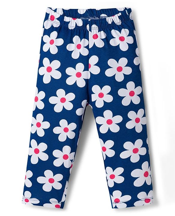 Babyhug Cotton Knit Full Sleeves Co-ords Night Suit With Floral Print - Navy Blue