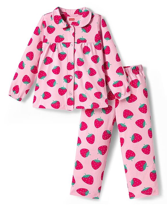 Babyhug Cotton Knit Full Sleeves Co-ords Night Suit With Strawberry Print - Pink