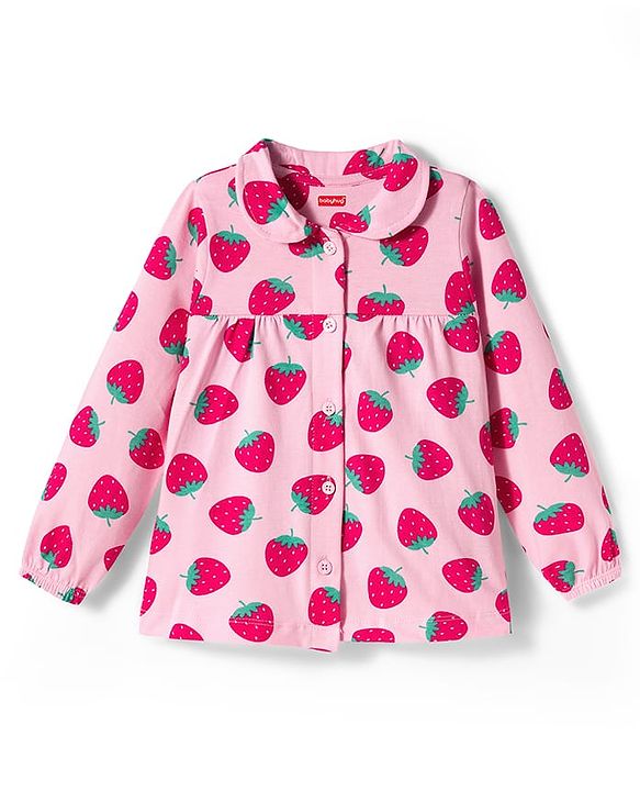 Babyhug Cotton Knit Full Sleeves Co-ords Night Suit With Strawberry Print - Pink