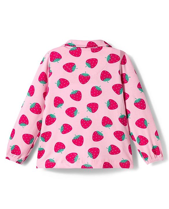 Babyhug Cotton Knit Full Sleeves Co-ords Night Suit With Strawberry Print - Pink