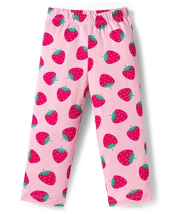 Babyhug Cotton Knit Full Sleeves Co-ords Night Suit With Strawberry Print - Pink
