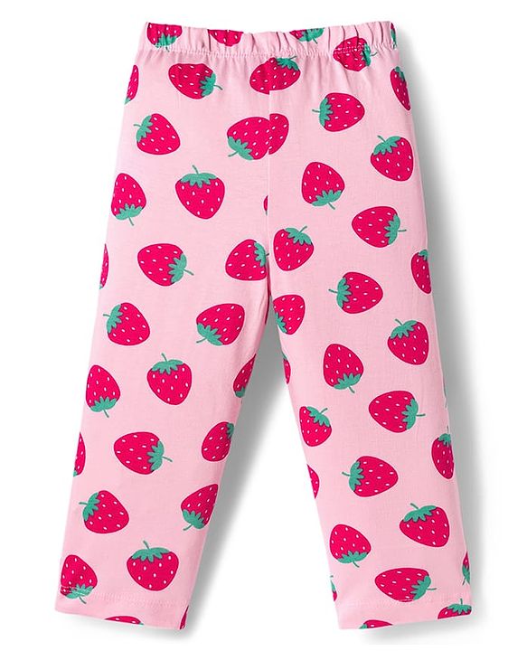Babyhug Cotton Knit Full Sleeves Co-ords Night Suit With Strawberry Print - Pink