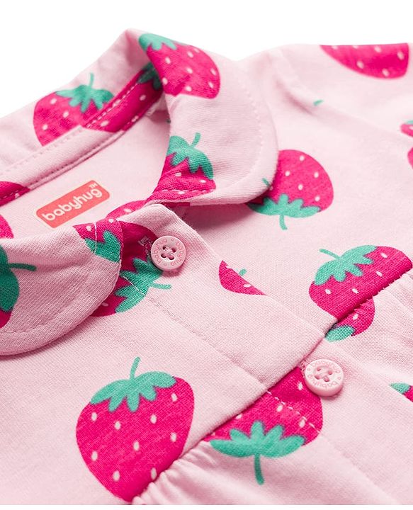 Babyhug Cotton Knit Full Sleeves Co-ords Night Suit With Strawberry Print - Pink