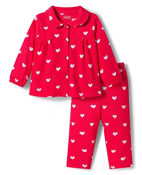 Babyhug Cotton Knit Full Sleeves Co-ords Night Suit With Heart Print - Red