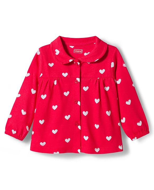 Babyhug Cotton Knit Full Sleeves Co-ords Night Suit With Heart Print - Red