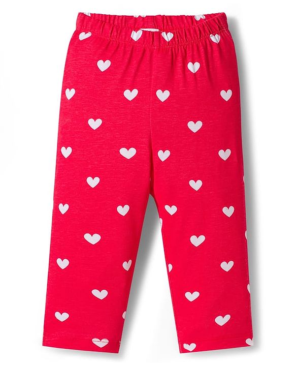 Babyhug Cotton Knit Full Sleeves Co-ords Night Suit With Heart Print - Red