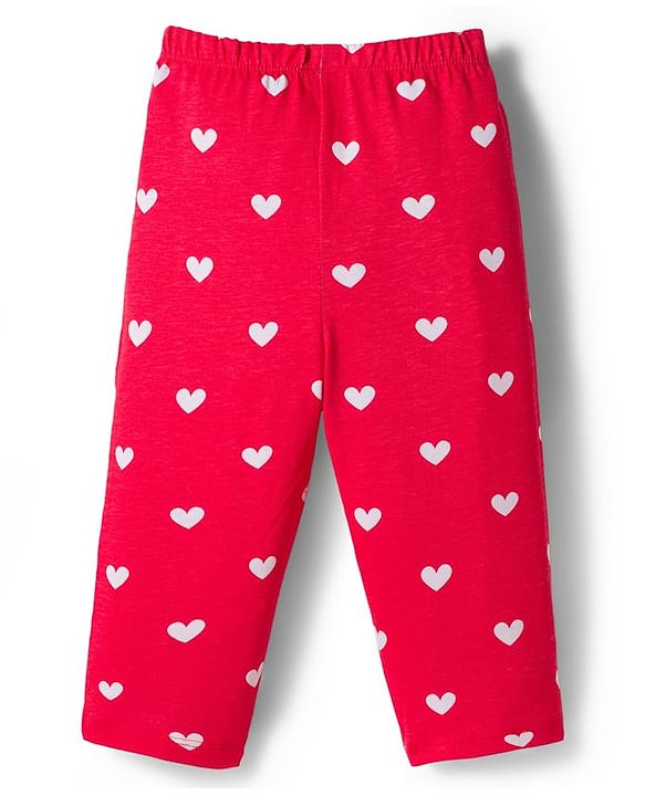 Babyhug Cotton Knit Full Sleeves Co-ords Night Suit With Heart Print - Red
