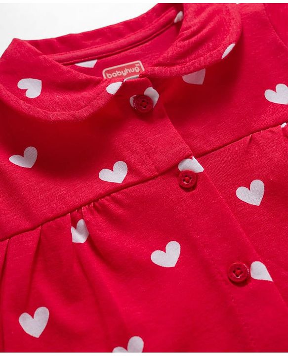 Babyhug Cotton Knit Full Sleeves Co-ords Night Suit With Heart Print - Red