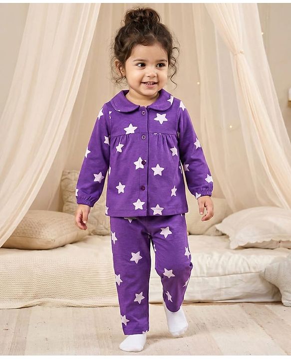 Babyhug Cotton Knit Full Sleeves Co-ords Night Suit With Star Print - Purple