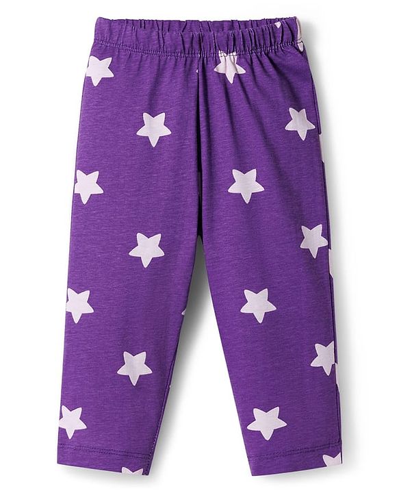 Babyhug Cotton Knit Full Sleeves Co-ords Night Suit With Star Print - Purple