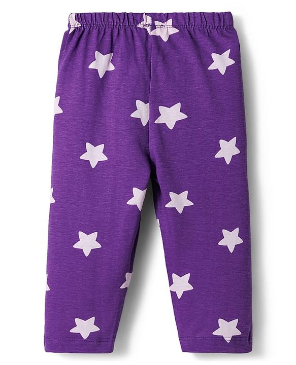 Babyhug Cotton Knit Full Sleeves Co-ords Night Suit With Star Print - Purple