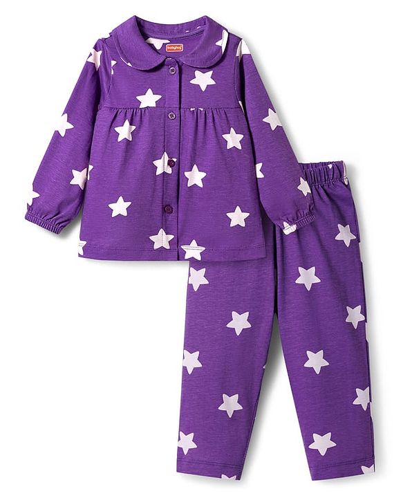 Babyhug Cotton Knit Full Sleeves Co-ords Night Suit With Star Print - Purple