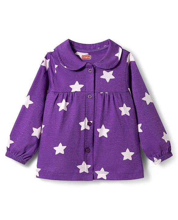 Babyhug Cotton Knit Full Sleeves Co-ords Night Suit With Star Print - Purple