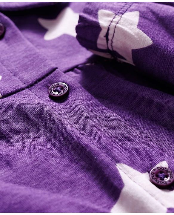 Babyhug Cotton Knit Full Sleeves Co-ords Night Suit With Star Print - Purple