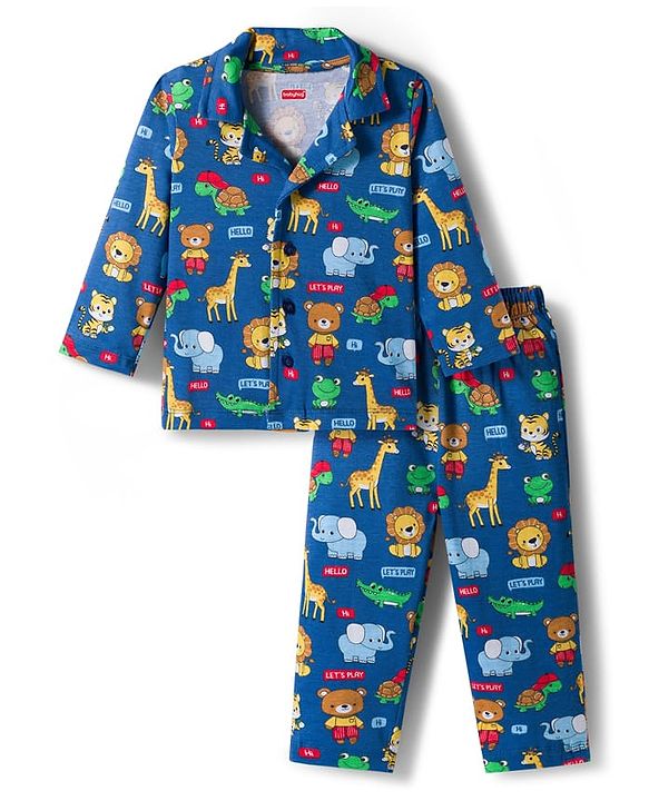 Babyhug Cotton Knit Full Sleeves Co-ords Night Suit With Animal Print - Navy Blue