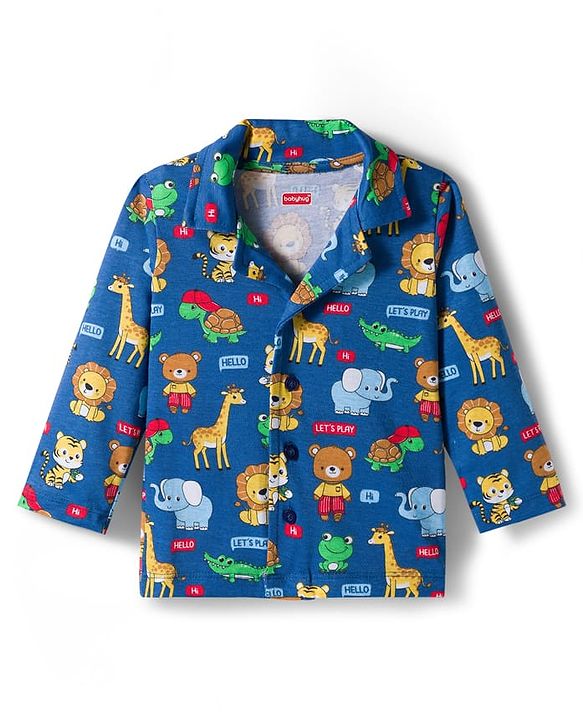 Babyhug Cotton Knit Full Sleeves Co-ords Night Suit With Animal Print - Navy Blue