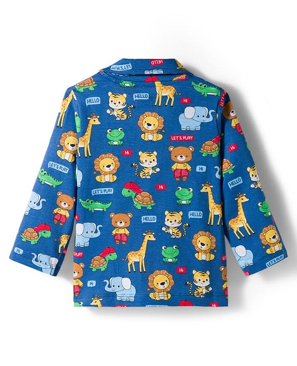 Babyhug Cotton Knit Full Sleeves Co-ords Night Suit With Animal Print - Navy Blue