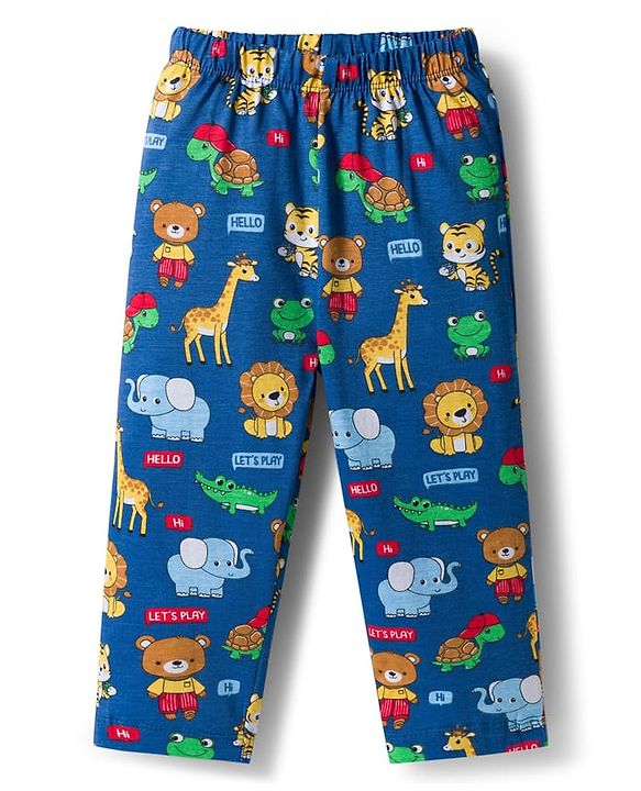 Babyhug Cotton Knit Full Sleeves Co-ords Night Suit With Animal Print - Navy Blue