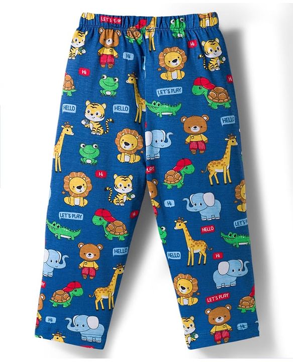 Babyhug Cotton Knit Full Sleeves Co-ords Night Suit With Animal Print - Navy Blue