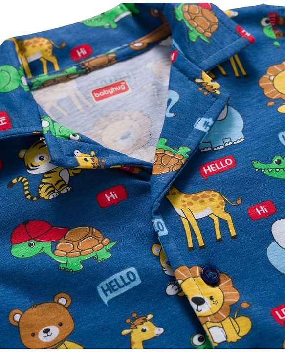 Babyhug Cotton Knit Full Sleeves Co-ords Night Suit With Animal Print - Navy Blue