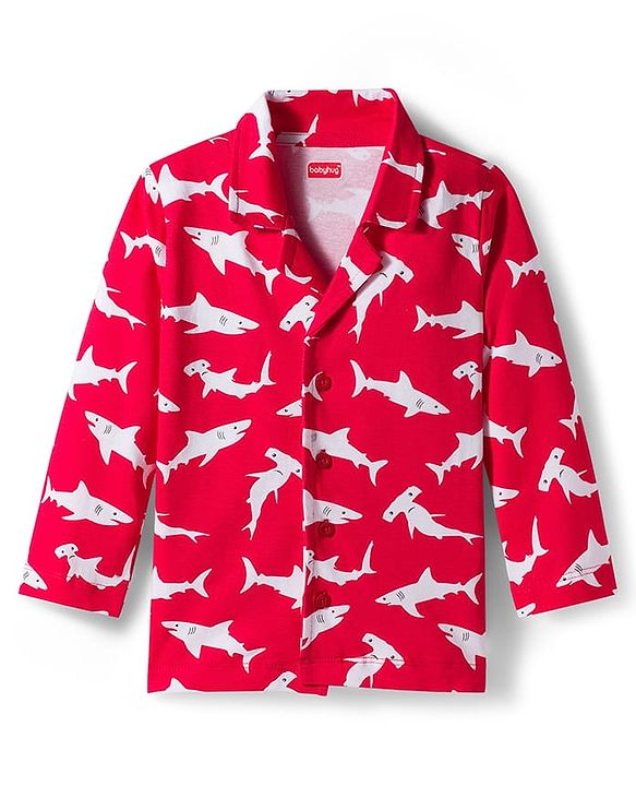 Babyhug Cotton Knit Full Sleeves Co-ords Night Suit With Shark Print - Red