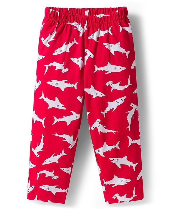 Babyhug Cotton Knit Full Sleeves Co-ords Night Suit With Shark Print - Red