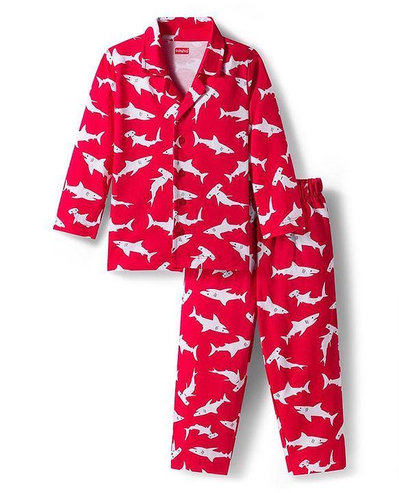 Babyhug Cotton Knit Full Sleeves Co-ords Night Suit With Shark Print - Red