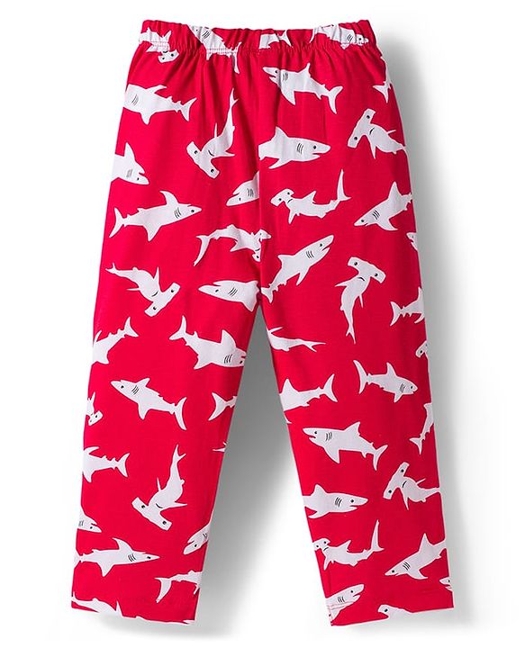 Babyhug Cotton Knit Full Sleeves Co-ords Night Suit With Shark Print - Red