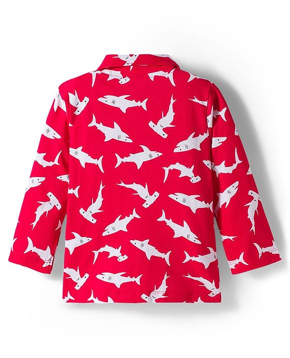 Babyhug Cotton Knit Full Sleeves Co-ords Night Suit With Shark Print - Red