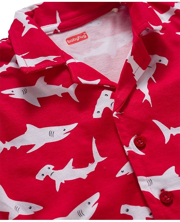 Babyhug Cotton Knit Full Sleeves Co-ords Night Suit With Shark Print - Red