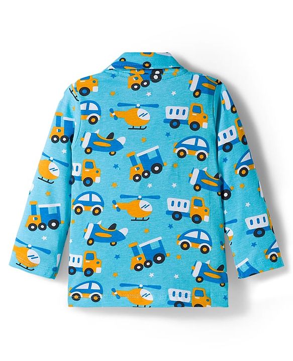 Babyhug Cotton Knit Full Sleeves Co-ords Night Suit With Vehicle Print - Blue