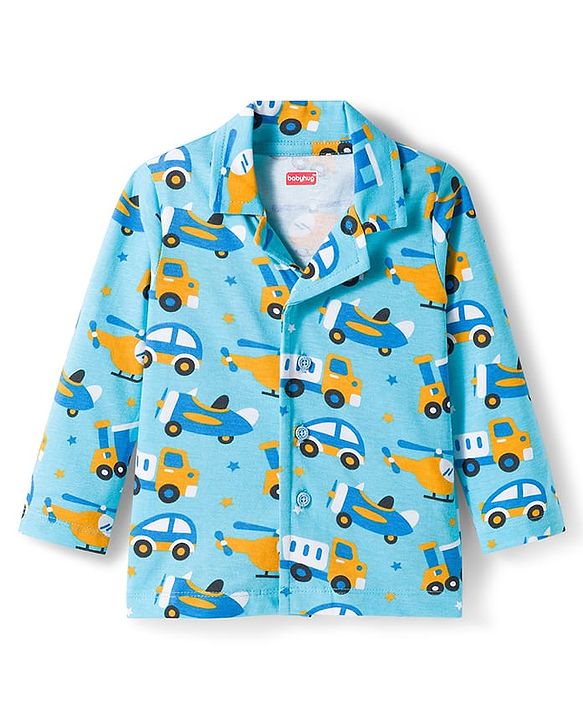 Babyhug Cotton Knit Full Sleeves Co-ords Night Suit With Vehicle Print - Blue