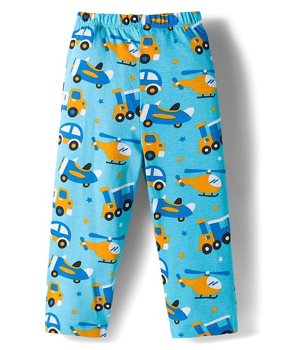 Babyhug Cotton Knit Full Sleeves Co-ords Night Suit With Vehicle Print - Blue