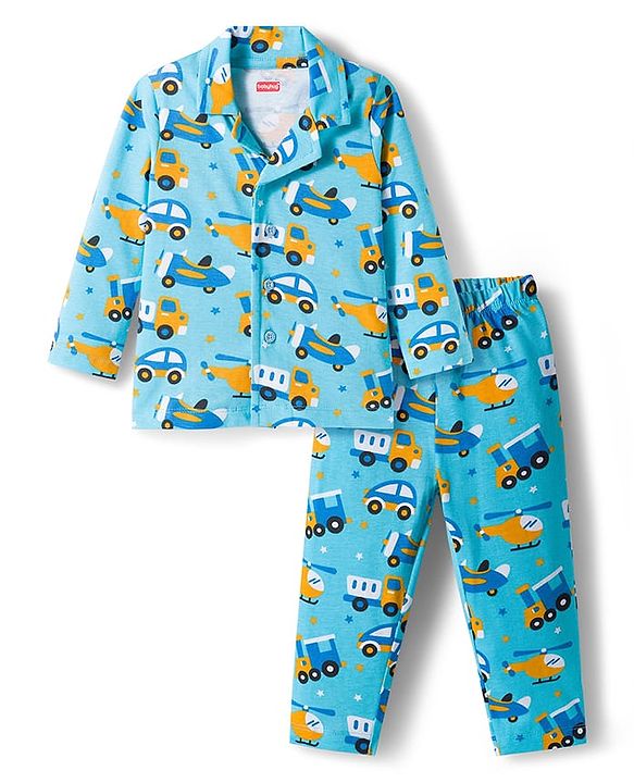 Babyhug Cotton Knit Full Sleeves Co-ords Night Suit With Vehicle Print - Blue