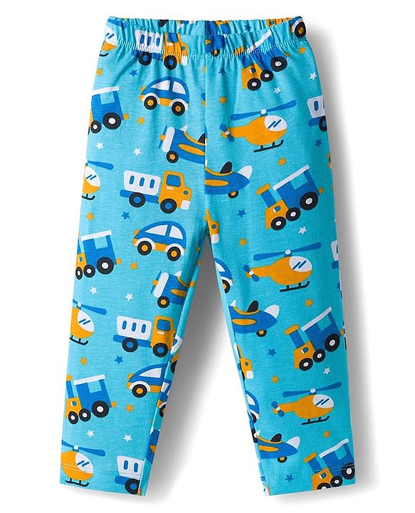 Babyhug Cotton Knit Full Sleeves Co-ords Night Suit With Vehicle Print - Blue