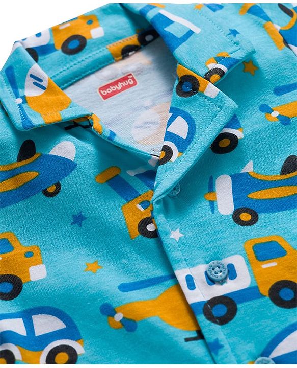 Babyhug Cotton Knit Full Sleeves Co-ords Night Suit With Vehicle Print - Blue