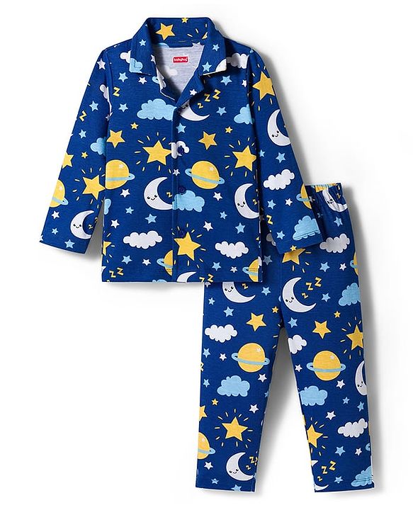 Babyhug Cotton Knit Full Sleeves Co-ords Night Suit With Star Print - Navy Blue